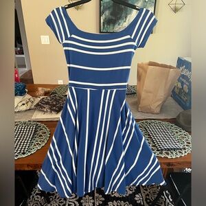 LOFT Navy and White Striped Midi Dress